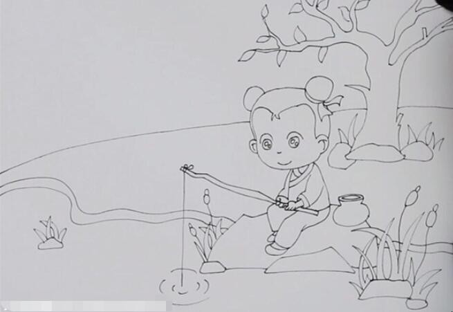 《小儿垂钓》诗配画怎么画