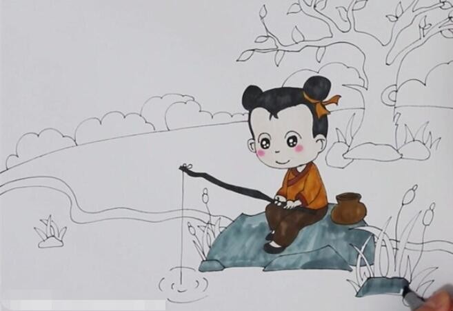 《小儿垂钓》诗配画怎么画