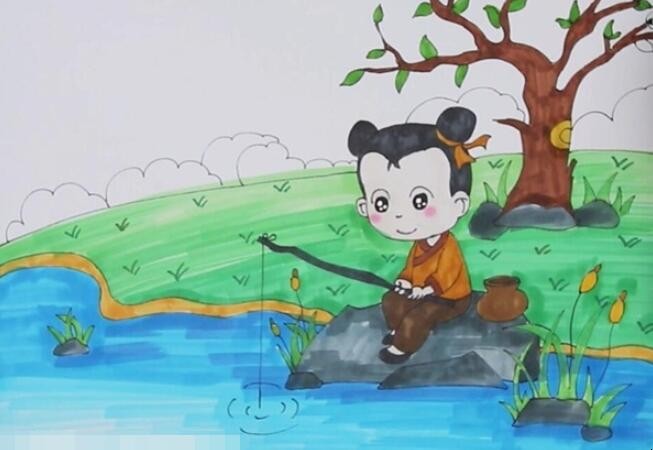 《小儿垂钓》诗配画怎么画